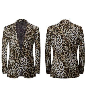Leopard Print Mens Satin Blazer Jacket L/46 Single-Breasted Party Stage Suit